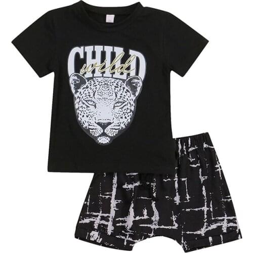 2021 Little Boys Baby Clothes Outfit Toddlers Summer Creative Leopard Letter Printing Round Collar Short Sleeve Tops Shorts Set