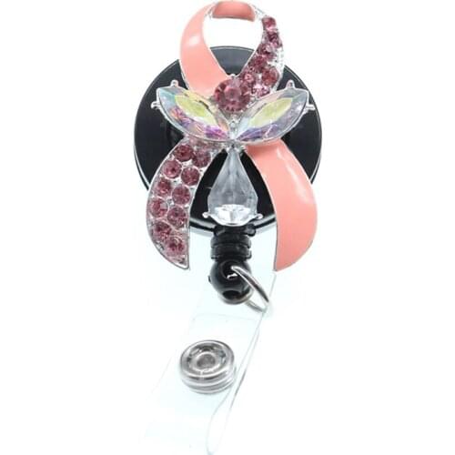 10pcs/lot free shipping acrylic and rhinstone pink ribbon retractable Id badge holder