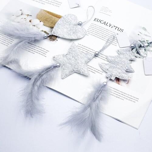 6pcs gold silver star heart shape Christmas Tree Ornament with feather Christmas Decoration for Home