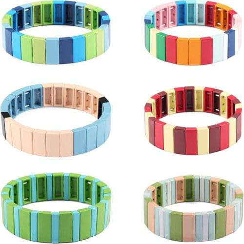 Boho Enamel Tile Bracelet Set Rainbow Colorful Combo Stackable Tile Bead Bracelet Colorblock Beaded Tile Stretchy Bracelet Gift