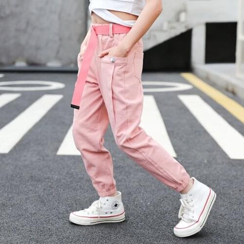 Fashion Kids Pants Girls Cotton Cargo Pants Match Belt Button Joggers Spliced Pockets Casual Trousers For 4 6 8 11 12 Years Girl