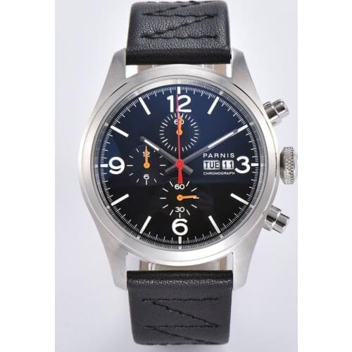 Parnis 42mm Black Dial Mens Quartz Watch Sport Chronograph Date Week Function Round Case Leather Strap Clock