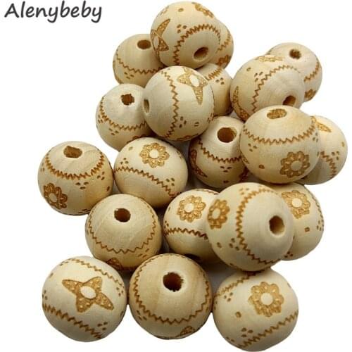 Engraving Printing Wooden Round Beads Teether Loose Natural Wood Ball Jewelry Making Bracelet Necklace DIY Teething Accessories