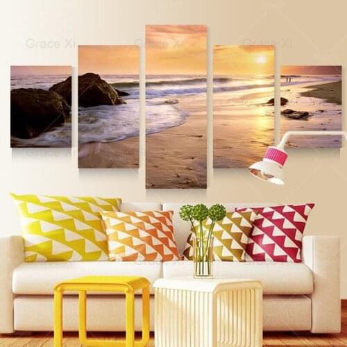 Fallout Canvas Painting 5 Panel Modern Prints Beach Seascape Oil Painting Sunset Canvas Wall Picture For Living Room(no Frame)
