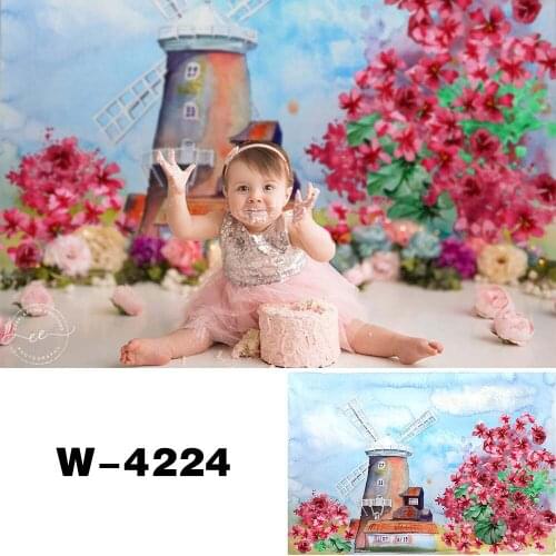 HUAYI Photography Backdrop Newborns Baby Birthday Photo Background Watercolor Painted windmill Flowers Studio Photocalls Props