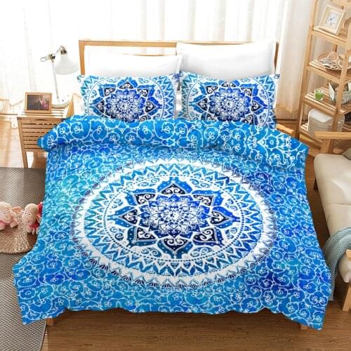 Fanaijia Blue Mandala Bedding Set Queen Size Bohemian Duvet Cover with Pillowcase Set Bed Boho Bed Linen