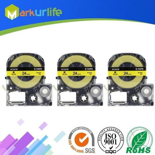 3 Pack SC24Y Yellow Label Black Text 24mm Printer Tape Compatible EPSON Label Printer Ribbon, For King Jim TEPRA Tape