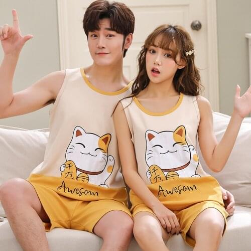 Couples Lovers Vest Pants Pajamas Loose Sleeveless Vest Pyjamas Boy Girl Undershirt Mans & Womans Sleepwear Jams 6535Cotto HDE