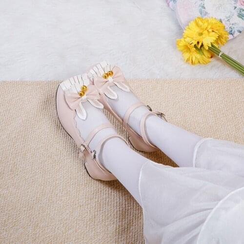 Cute Rabbit-Shaped Lolita Womens Shoes Round Head Mid-Heel Bow Golden Bells Sweet Pumps Ruffled Violet Student Shoes 2021