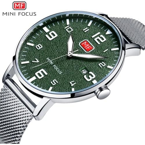 MINI FOCUS Mens Military Sports Quartz Watches Army Waterproof Mesh Strap Wristwatch Man Large Number Relogios Clock 0158 Green