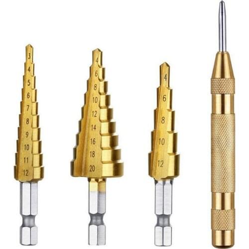 HSS Steel Cone Drill Set Step Drill Center Punch Power Tool Metric Spiral Groove Pagoda Hole Milling Cutter 4-12/20/32mm