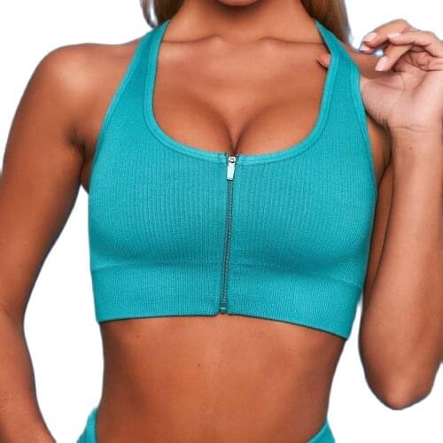2021 New Fabric Ribbed Breathable Women Sports Bra Yoga Tops Padded Zipper And Sexy Sports Wear Outdoor Exercise Clothes
