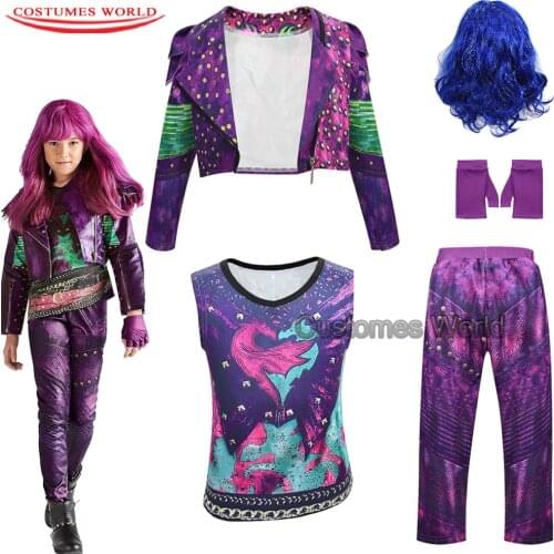 Girls Descendants 3 Mal Bertha Maleficent Long Live Evil Straight Purple kids Cosplay Wig + Jumpsuits halloween costume for Girl