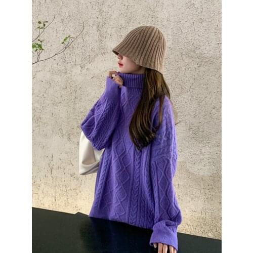 Purple Turtleneck Sweater Winter Clothes Women Loose Casual Long Sleeve Thickened Warm Twist Knitted Sweater Ropa Mujer Invierno