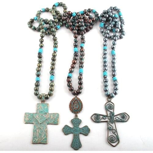 RH Fashion Beaded Jewelry 10mm CCB Bead Long Knotted Metal Blue Cross Pendant Necklaces For Women