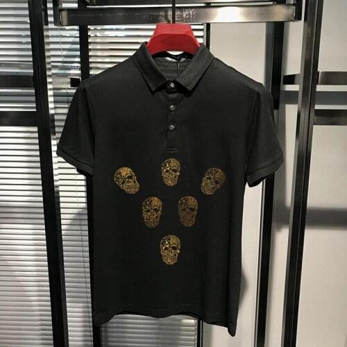 Young Mens Lapel Tops Clothing Diamond Solid Color Rhinestone Skull New Technology Shirt Polo Original Hot Short-Sleeved