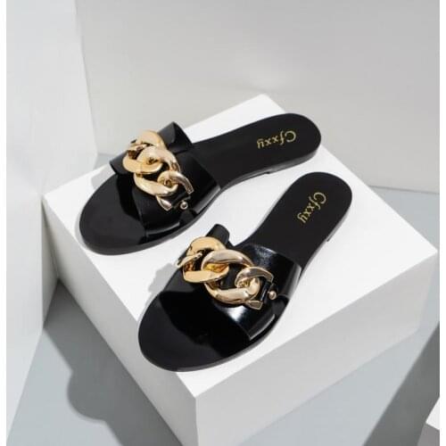 New Ladies Slippers 2021 Summer Slides Fashion Black Metal Chain Decorated Flat Round Toe Women Slides Female Beach Shoes