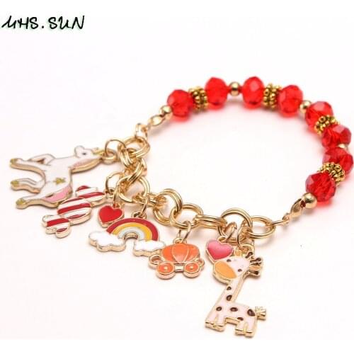 MHS.SUN Newest Charm Beads Bracelet DIY Girls Baby Elastic Bangles Witth Unicorn/Giraffe/Rainbow Pendant For Kids Jewelry 1PC