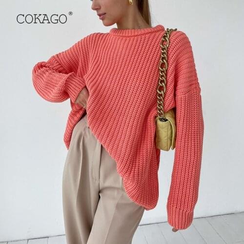 COKAGO Thick Oversized Knitted Sweater Women O Neck Cashmere Warm Jumper Autumn Winter Solid Pullovers Female Knitwear Tops 2021
