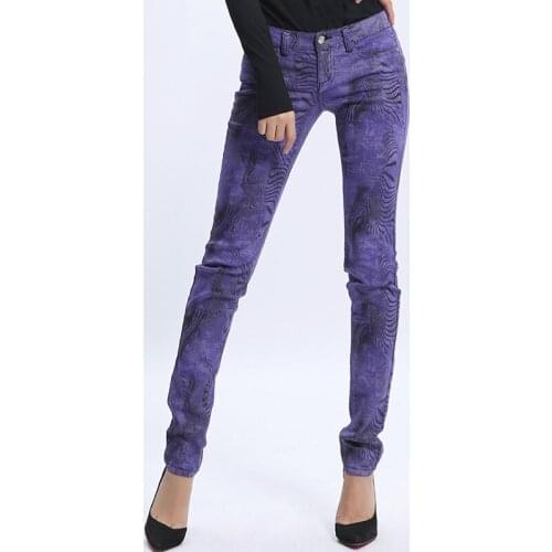 Summer Fall Fashion Women Printed Purple Green Low Waisted Stdretch Skinny Jeans Pants , Female Woman Slim Pencil Denim Trousers