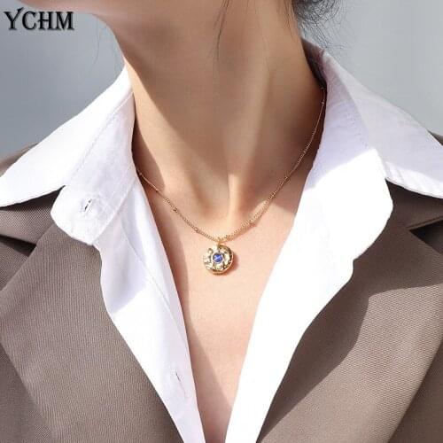 Vintage Blue Opal Necklace For Women Stainless Steel Pendant Necklace With Blue Stone Women Jewelry Gift For Lovers YCHM