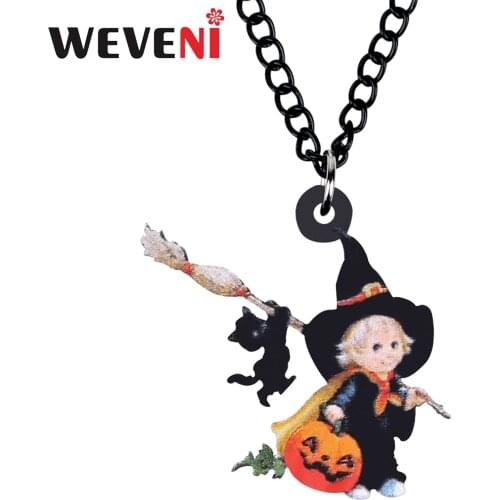 WEVENI Acrylic Halloween Witch Girl Broom Cat Pumpkin Necklace Cartoon Long Choker Pendant Jewelry For Women Girls Gift Charms