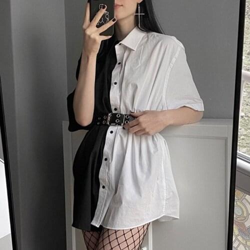 Women Dark Gothic Half Sleeve Lapel Blouse Dress Black White Color Block Button Down Oversized Loose Harajuku Tunic Tops