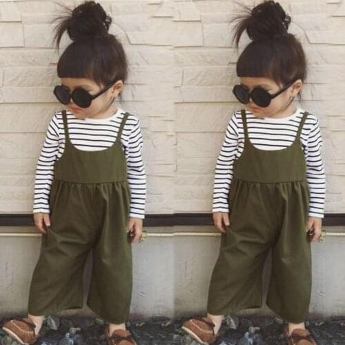 Toddler Newborn Infant Baby Girls Boys Long Sleeve Striped Print Tops+Solid Suspender Pants overalls Outfits L1202