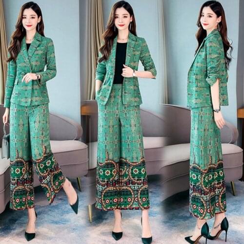 Womens Office Lady Two Piece Business Elegant Blazer Top and Pant Suits Leaf Print 2 Piece Outfits