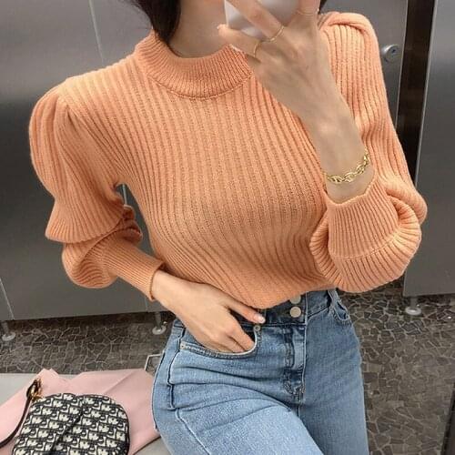 Six colors 2021 Korea New Casual Folds Striped Simple Round Neck Slim Orange Wool Knitwear Top Womens Sweater S271