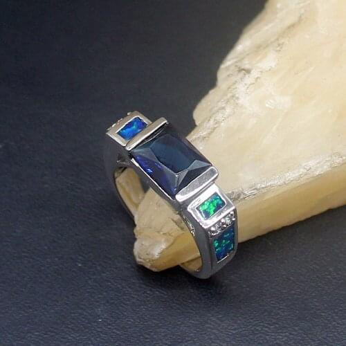 Hermosa Exotic Blue Opal Sapphire Unique Genuine 925 Silver Band Ring Wedding Engagement Gifts for Women Size 6.5# 20214356