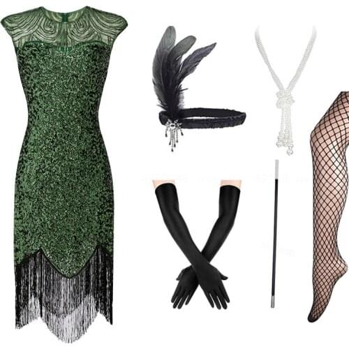 Womens 1920s Flapper Sequin Beads Dress with Roaring 20s Gatsby Accessories Set for Party