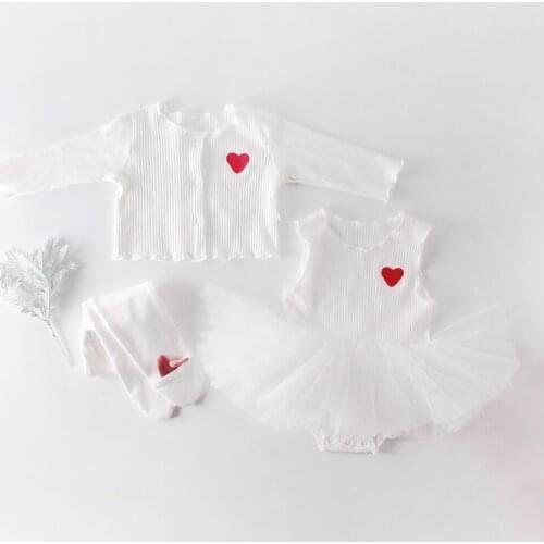 Newborn Baby Girl Clothes Winter 2pcs Set Sweet Solid Mesh Vest Skirt+love Print Coat Wedding Party Princess Fall Clothes 0-18M