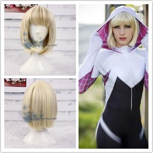 Anime The Amazing Spider-Man Gwen Stacy blond mix bobo hair wig Gwendolyn Maxine short cosplay wigs + wig cap