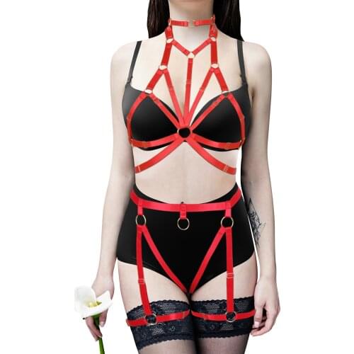 Gothic Bondage Body 2-Piece Set BDSM Kit Body Harness Hollow Out Suspender Garter Waist Cage Erotic Lingerie For Couple Flirting
