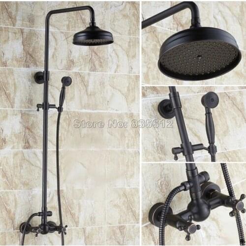 Black Oil Rubbed Bronze Bathroom Rain Shower Faucet Set with Hand Spray & Wall Mounted Dual Cross Handles Mixer Taps Wrs047