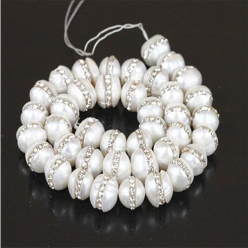 10mm Natural White Freshwater Pearl beads Pave Rhinestone Beads Jewelry findings accessory for jewelry making