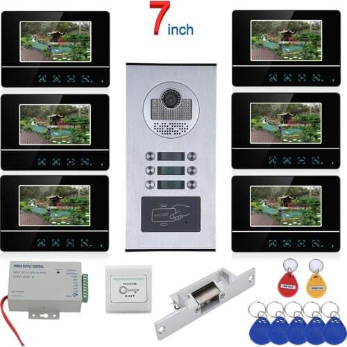 7 inch Touch Button 6 Apartment Video Door Phone Intercom System RFID 1000TVL Doorbell Camera +NO Electric Strike Door Lock