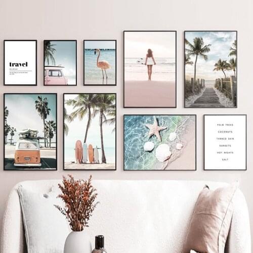 Sunny Beach Surfboard Landscape Canvas Painting Palm Seashore Poster Art Print Decorative Wall Picture Modern Home Decor TB203