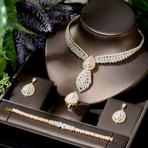 HIBRIDE Luxury 2 Tones Water Drop Shape Jewelry Sets for Women Bridal Nigeria Wedding 4pcs Necklace Earring Sets bijoux N-1806
