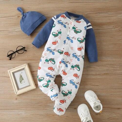 Newborn Baby Boy Romper 2 Piece Cartoon Dinosaur Print Patchwork Single Breasted Long Sleeve Baby Romper+hat Baby Jumpsuit 0-12M