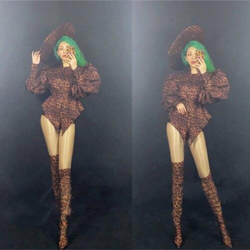 Gogo Costumes Puff Sleeve Leopard Print Jumpsuit Shorts Hat Headwear Stage Costume Celebrate Cosplay Set Rave Outfit XS2201