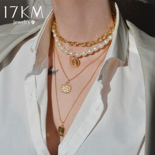 Punk Gold Multilayered Chain Baroque Pearl Necklace For Women Fashion Coin Crystal Pendant Necklace 2021 Trend Jewelry