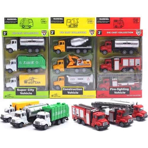 3Pcs 1/50 Simulation Transport Fire Engineer Truck Car Pull Back Model Kids Toy