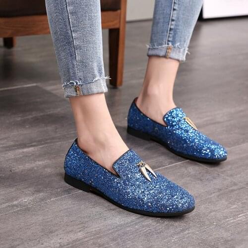 2019 Hot Sale Men Flat Slip-on Dress Shoes Fashion Sequins Casual Pointed Toe Solid Color Wedding Loafer Shoes Big Size 37-48