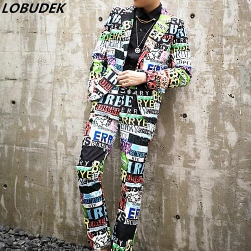Mens Personality Graffiti Suits Stage Wear Tide Fashion Multi-color Letter Print Suit Hip Hop Style Bar Singer Concert Costume