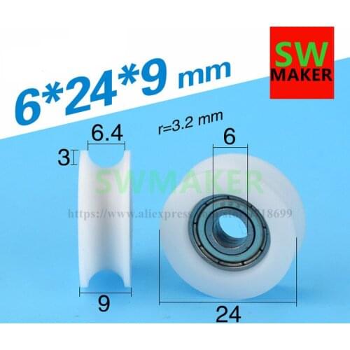 SWMAKER 6*24*9mm U type plastic nylon package pulley with bearing 625 for flat Flat roller wheel