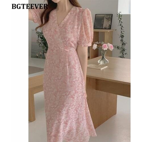 BGTEEVER Summer V-neck Women Floral Midi Dress Short Sleeve Slim Waist Female A-line Dress Elegant Ladies Chiffon Vestidos 2021