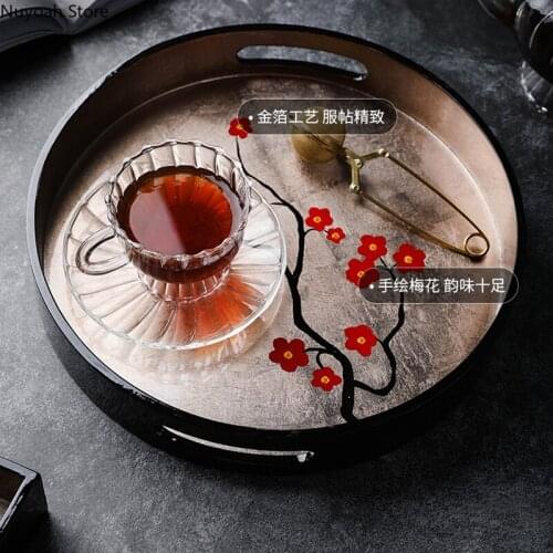 Japanese Style Gold Leaf Tea Tray Household Wooden Hand-painted Tray Tea Set Storage Tray Desktop Simple Chinese Swing Tray