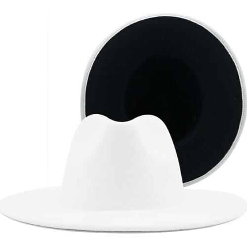 Simple Outer white Inner black Wool Felt Jazz Fedora Hats with Thin Belt Buckle Men Women Wide Brim Panama Trilby Cap 56-58-60CM